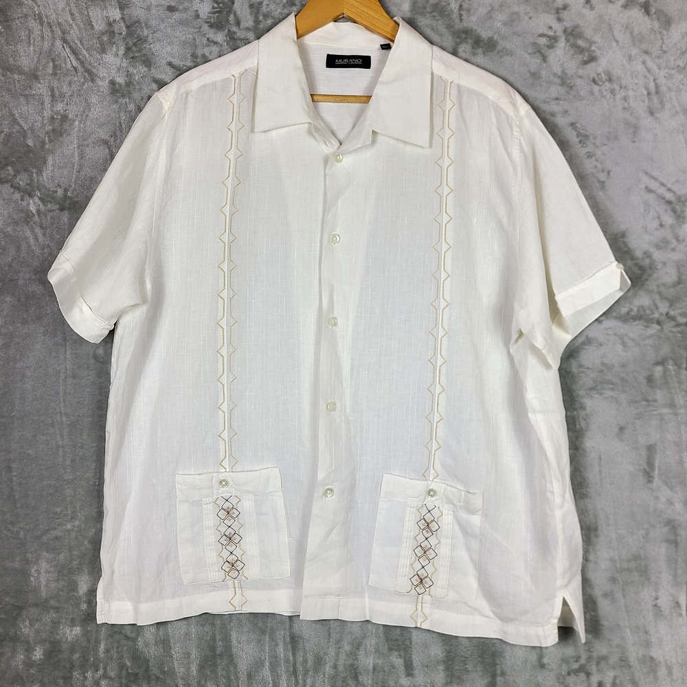 Murano White Linen Short Sleeve Button Up Shirt Geometric Embroider Mens Size XL